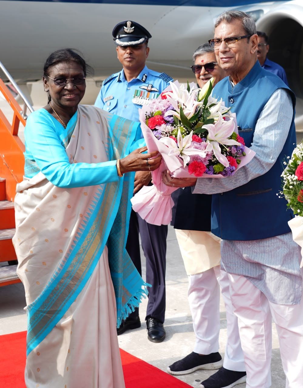President Droupadi Murmu arrives in Chandigarh; Haryana Governor Prof. Asim Kumar Ghosh extends a formal welcome.