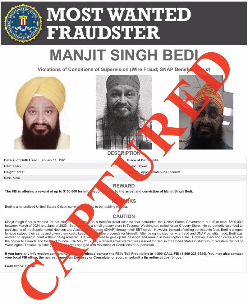 FBI का ‘मोस्ट वांटेड’ मनजीत बेदी भारत से गिरफ्तार, अमेरिका डिपोर्ट